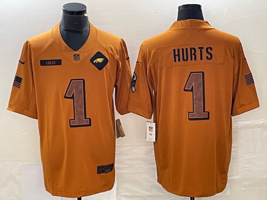 Men's Philadelphia Eagles Jalen Hurts #1 Brown 2023 Salute To Service Limited Jersey1