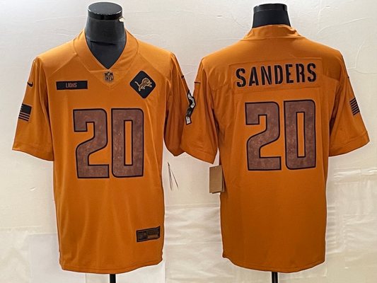 Men's Detroit Lions Barry Sanders #20 Brown 2023 Salute To Service Retired Player Limited Jersey1