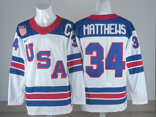 Men's United States Hockey Auston Matthews #34 White 2026 Winter Olympics Jersey