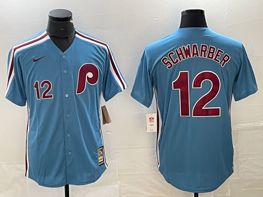 Men's Philadelphia Phillies Kyle Schwarber #12 Light Blue Cooperstown Collection Authentic Jersey1