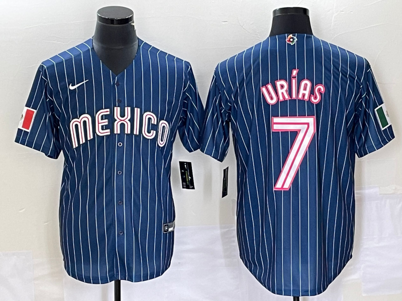 Men's 2023 World Baseball Classic #7 Julio Urias Mexico Navy Jersey1