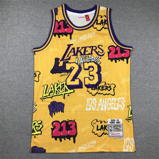 Men's Los Angeles Lakers LeBron James #23 Yellow Swingman Graffiti Edition Jersey1