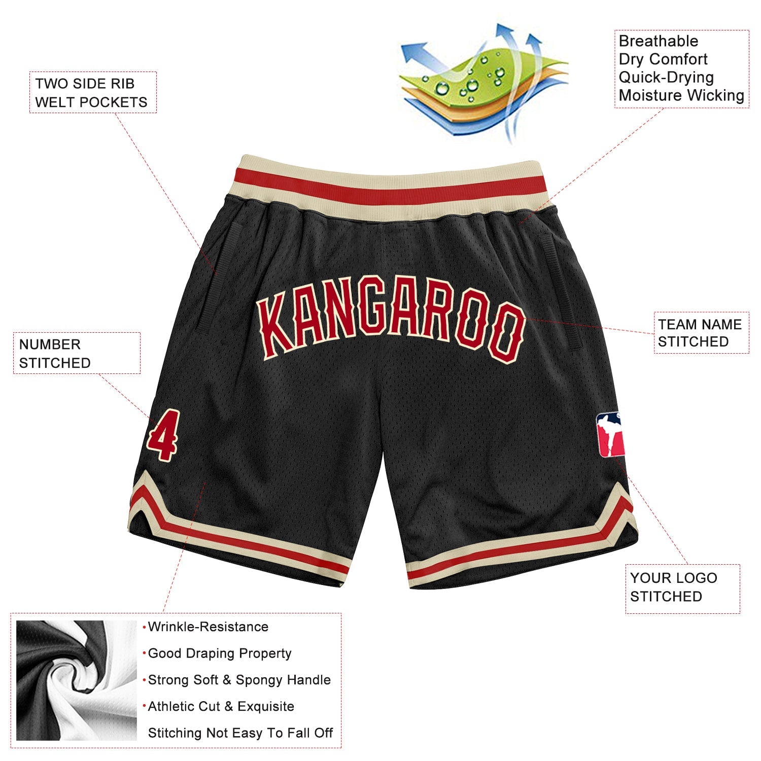 Custom Black Red Cream Basketball Shorts - 2