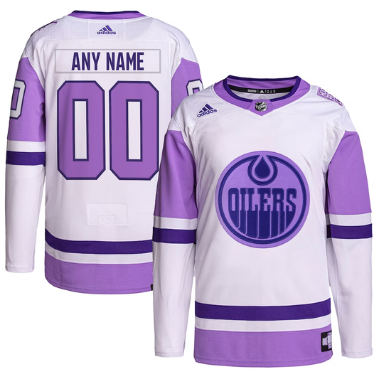 Men's Edmonton Oilers White/Purple Hockey Fights Cancer Primegreen Authentic Custom Jersey1