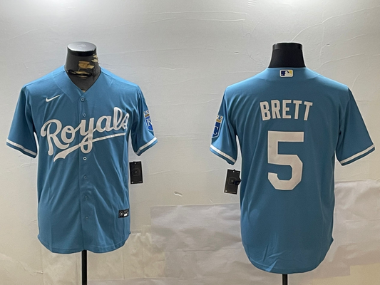 Men's Kansas City Royals George Brett #5 Light Blue Replica Player Jersey1