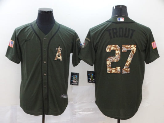 Men's Los Angeles Angels Mike Trout #27 Army Green Replica Player Jersey1