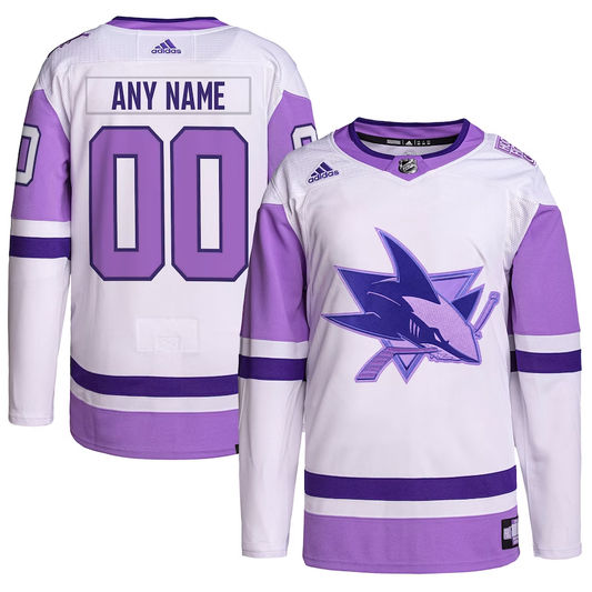 Men's San Jose Sharks White/Purple Hockey Fights Cancer Primegreen Authentic Custom Jersey1