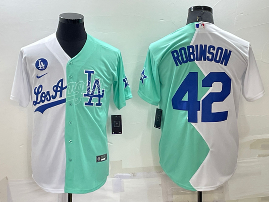 Men's Los Angeles Dodgers Jackie Robinson #42 White/Green Replica Baseball Jersey1