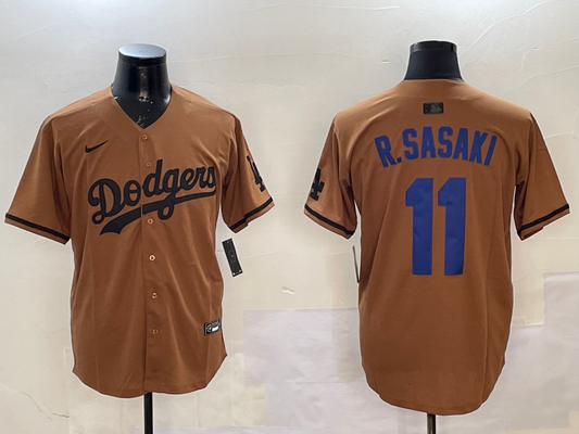 Men's Los Angeles Dodgers Roki Sasaki #11 Brown Game Player Jersey1