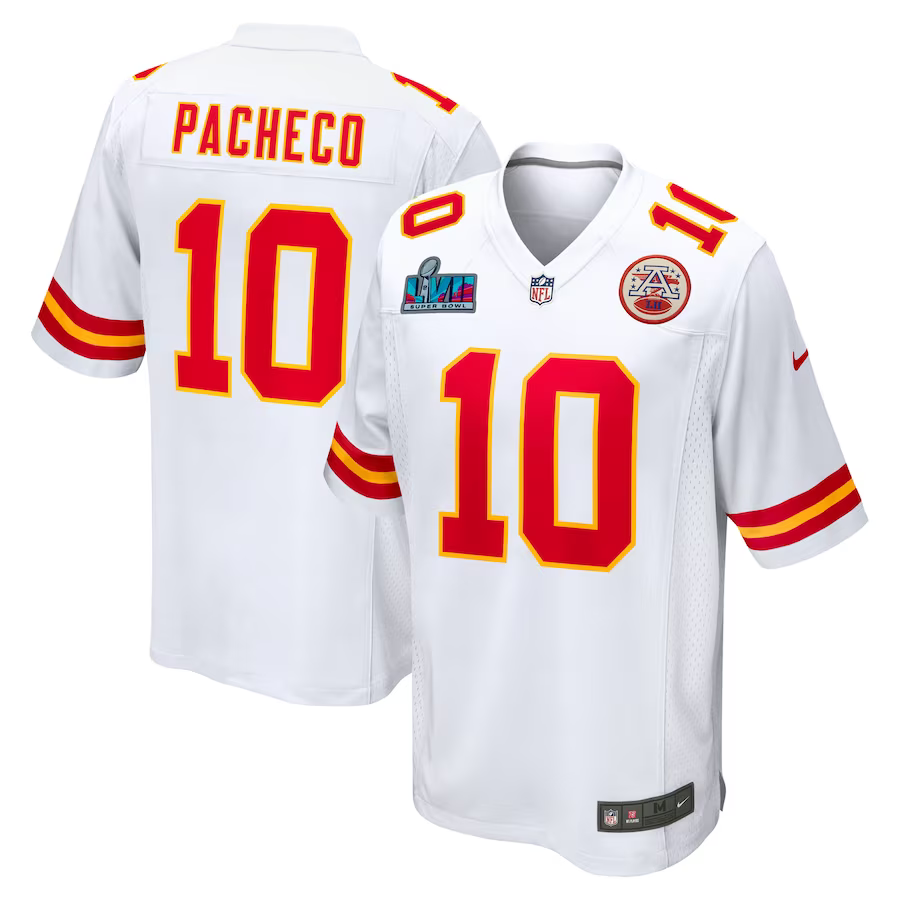 Isiah Pacheco #10 Kansas City Chiefs White Super Bowl LVII Patch Away Game Jersey - JerseysFreak