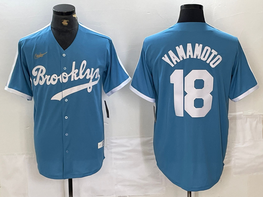Men's Los Angeles Dodgers Yoshinobu Yamamoto #18 Light Blue Alternate Cooperstown Collection Player Jersey1