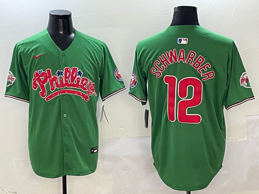 Men's Philadelphia Phillies Kyle Schwarber #12 Green Game Jersey1