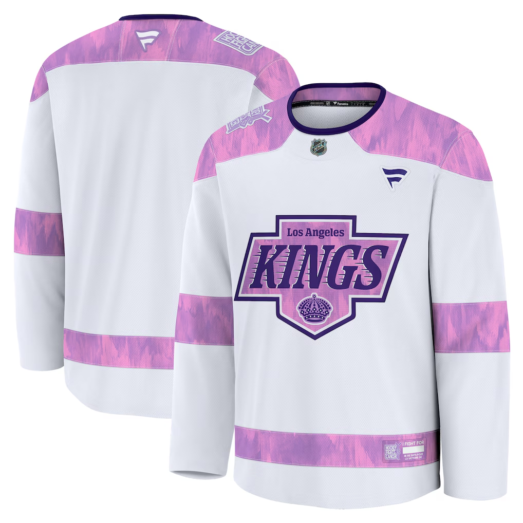 Men's Los Angeles Kings Fanatics White Purple 2024 Hockey Fights Cancer Practice Blank Jersey