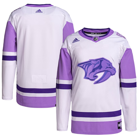 Men's Nashville Predators White/Purple Hockey Fights Cancer Primegreen Authentic Blank Practice Jersey1