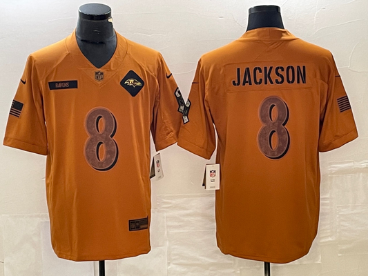 Men's Baltimore Ravens Lamar Jackson #8 Brown 2023 Salute To Service Retired Player Limited Jersey1