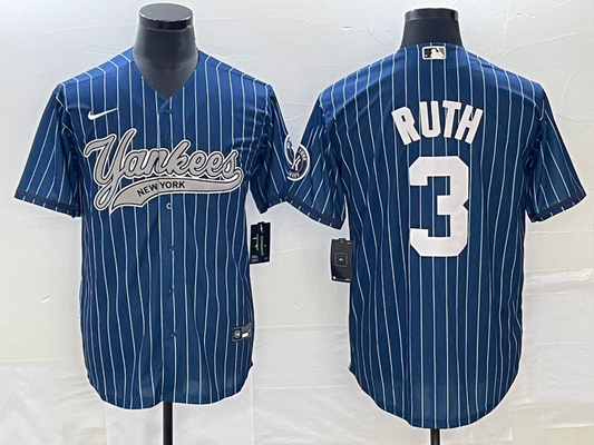 Men's New York Yankees Babe Ruth #3 Blue Player Jersey1 Joint Edition