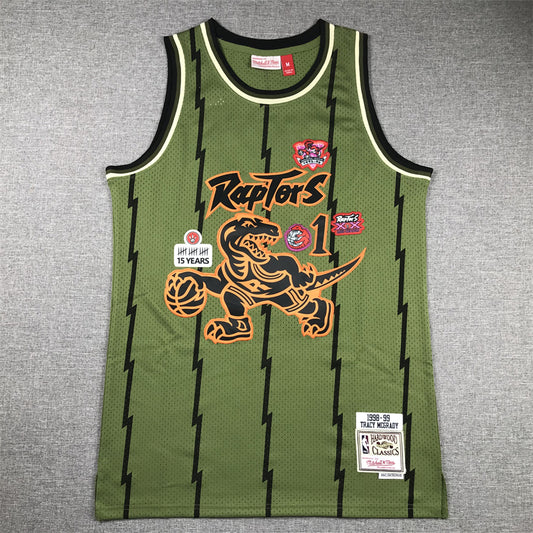 Men's Toronto Raptors Tracy McGrady #1 Army Green 1998-99 Hardwood Classics Swingman Jersey1