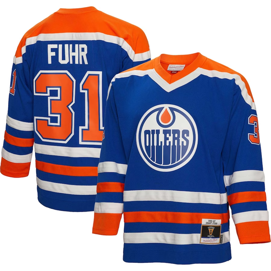 Men's Edmonton Oilers Grant Fuhr Mitchell #31 Ness Royal 1986/87 Blue Line Player Jersey1
