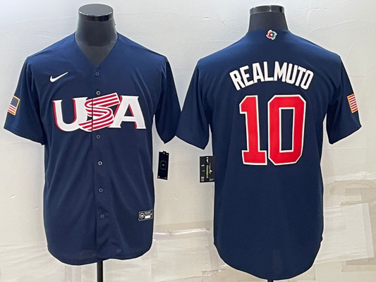 Men's 2023 World Baseball Classic #10 J. T. Realmuto USA Navy Jersey1