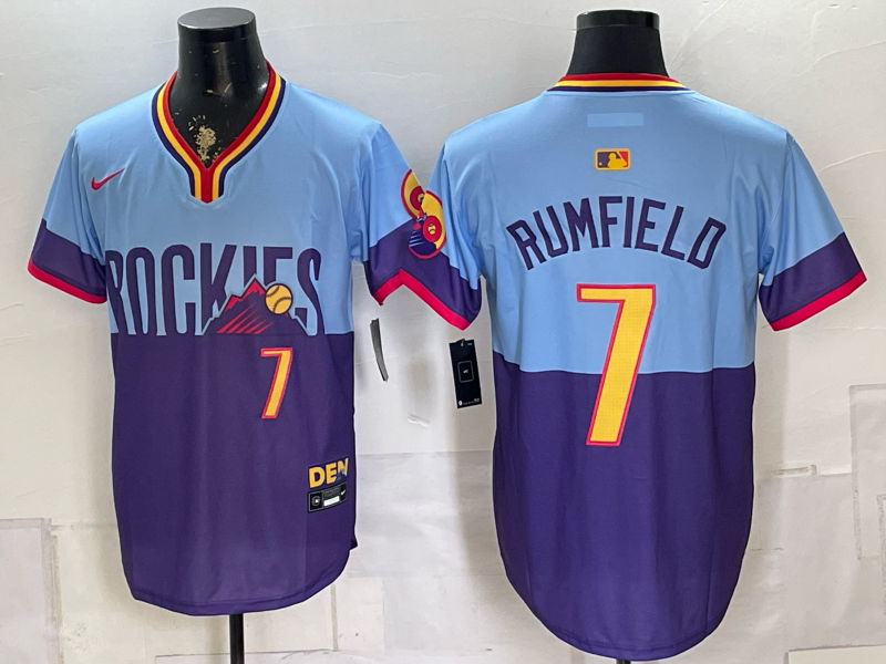 Men's Colorado Rockies TJ Rumfield #7 Purple/Light Blue 2025 City Connect Limited Player Jersey
