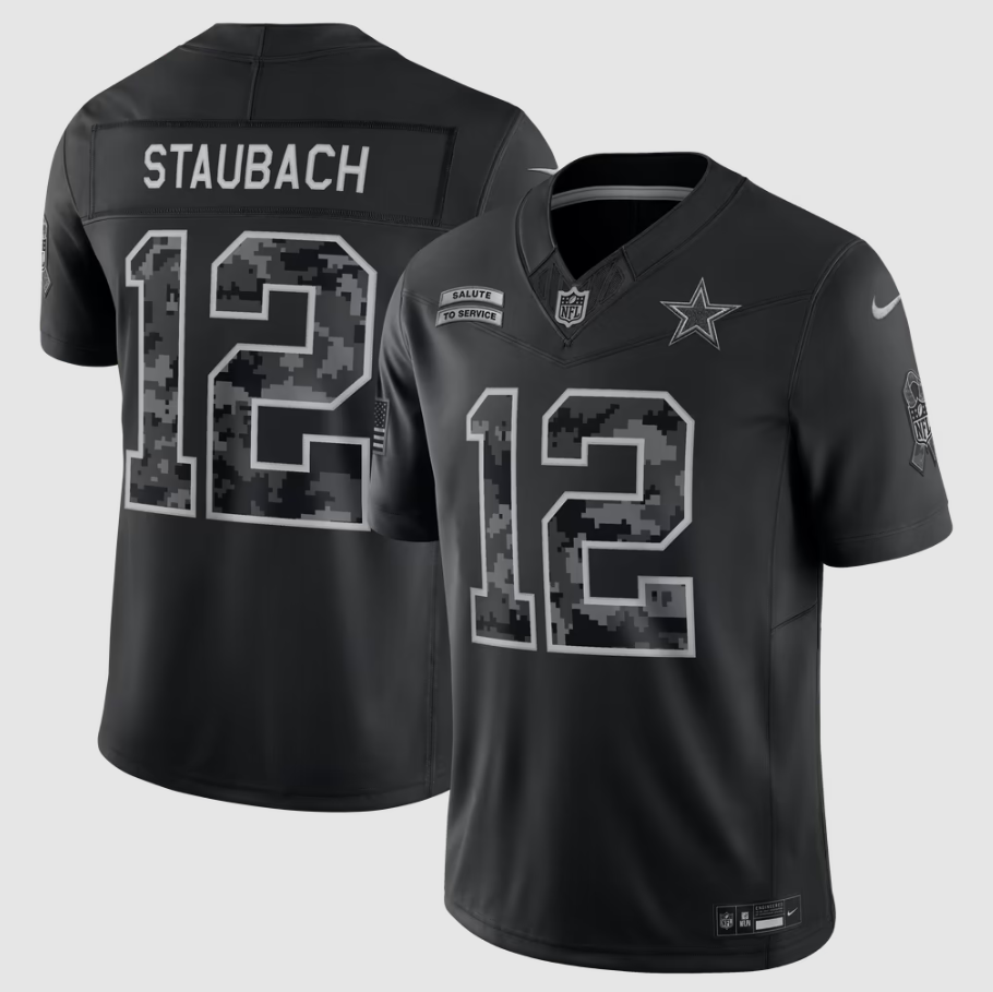 Men's Dallas Cowboys Roger Staubach #12 Black 2026 Salute to Service Retired Player Stitched Limited Jersey