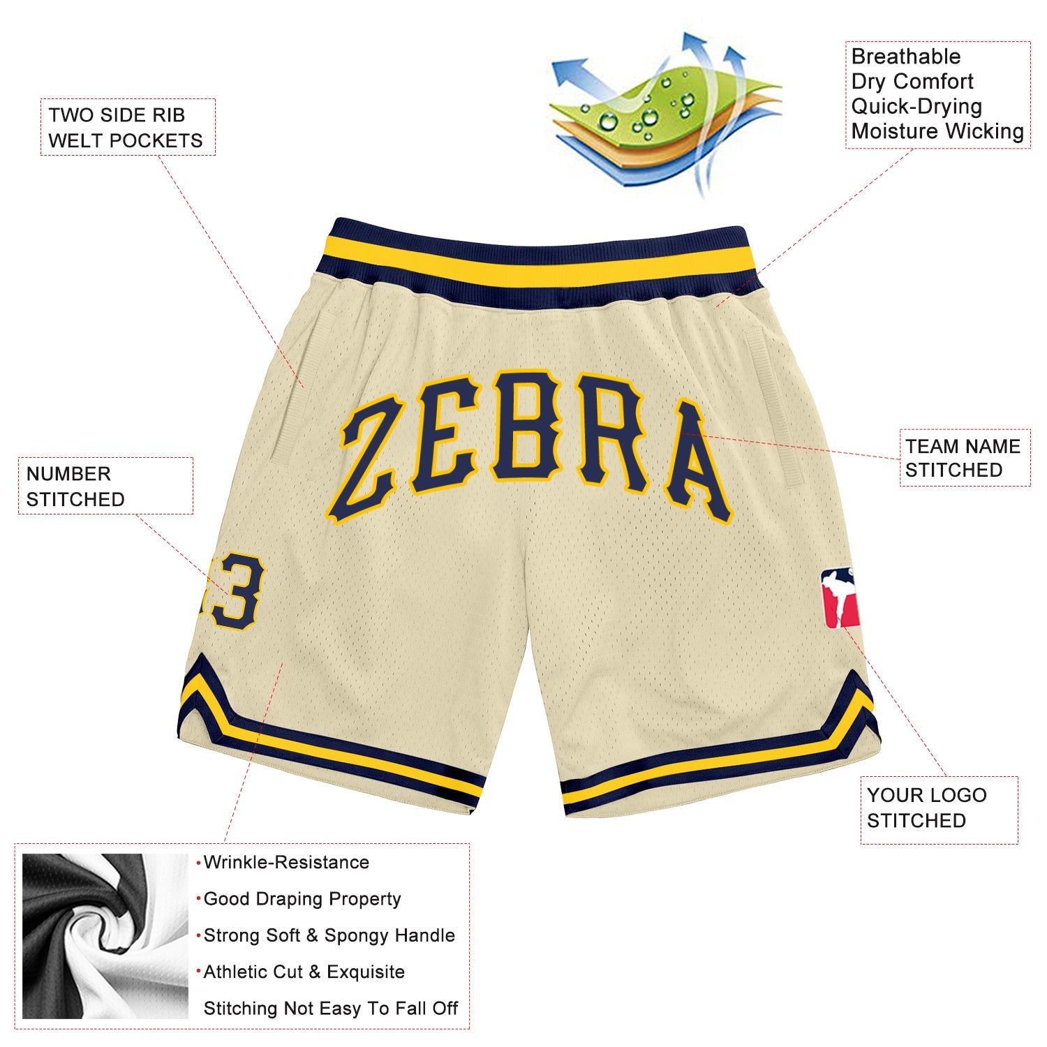 Custom Cream Navy Gold Basketball Shorts - 2