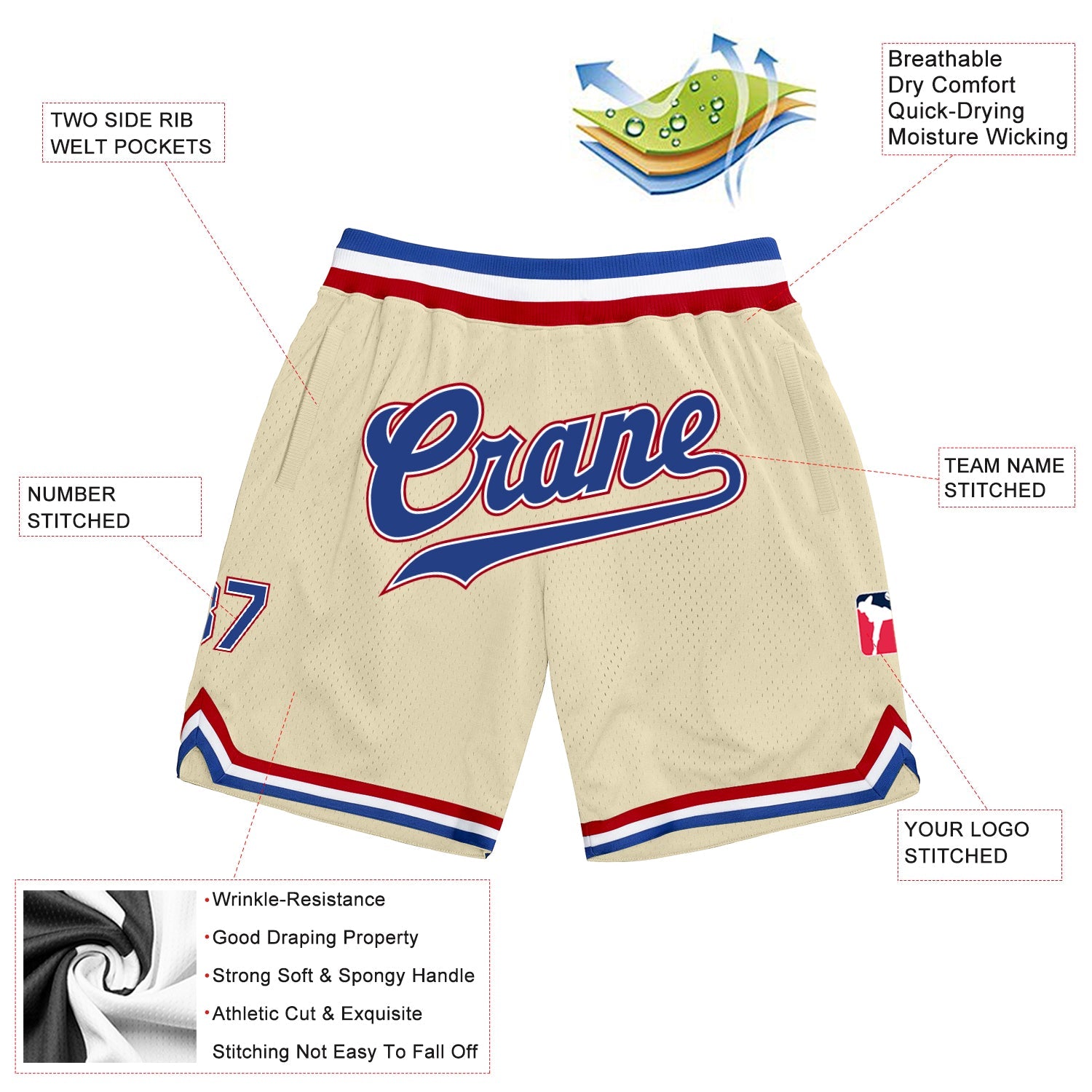 Custom Cream Royal Red Basketball Shorts - 2