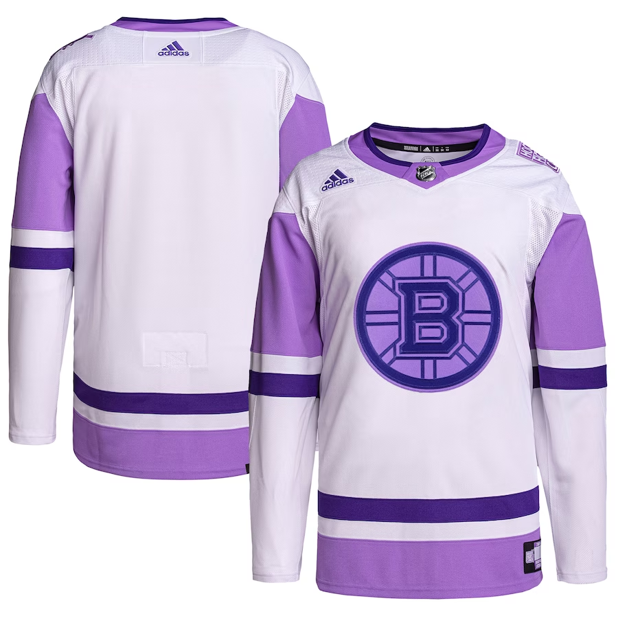Men's Boston Bruins White/Purple Hockey Fights Cancer Primegreen Authentic Blank Practice Jersey1