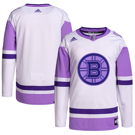 Men's Boston Bruins White/Purple Hockey Fights Cancer Primegreen Authentic Blank Practice Jersey1
