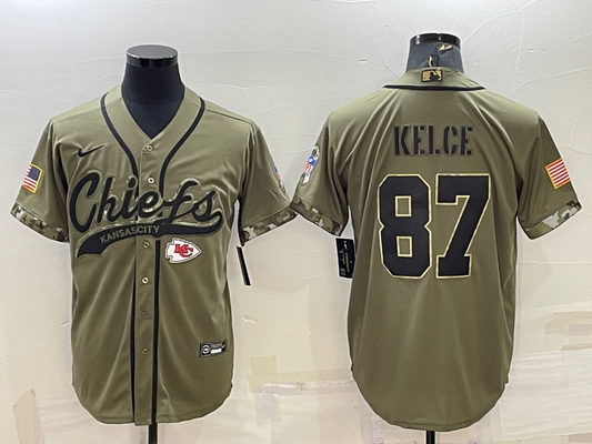 Men's Kansas City Chiefs Travis Kelce #87 Olive 2022 Salute To Service Limited Jersey1 Joint Edition