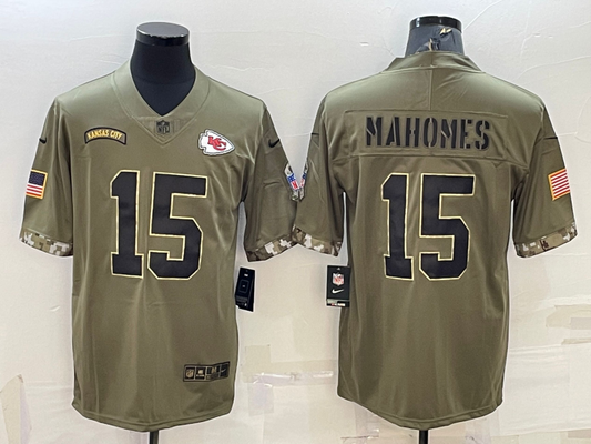 Men's Kansas City Chiefs Patrick Mahomes #15 Olive 2022 Salute To Service Limited Jersey1