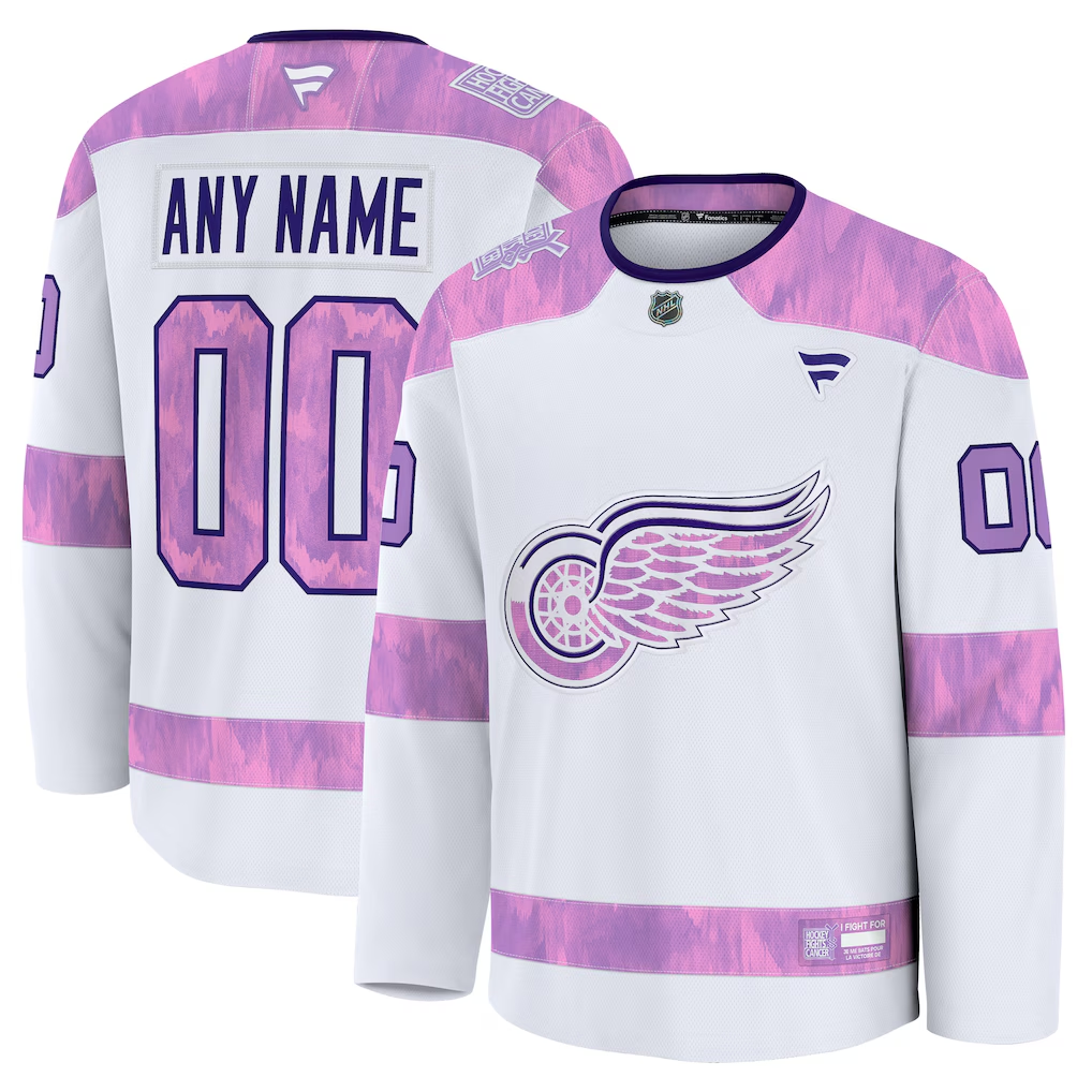 Men's Detroit Red Wings Fanatics White Purple 2024 Hockey Fights Cancer Practice Custom Jersey