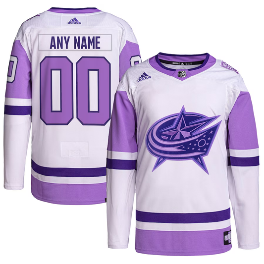 Men's Columbus Blue Jackets White/Purple Hockey Fights Cancer Primegreen Authentic Custom Jersey1