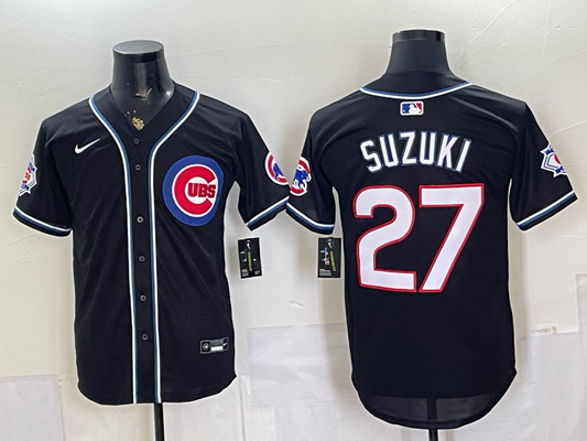 Men's Chicago Cubs Seiya Suzuki #27 Fashion Replica Black Out Jersey