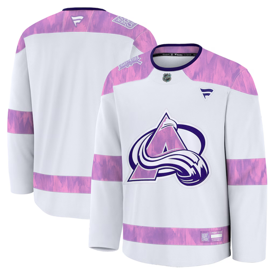 Men's Colorado Avalanche Fanatics White Purple 2024 Hockey Fights Cancer Practice Blank Jersey