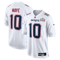 Men's New England Patriots Drake Maye #10 White Super Bowl LX Patch Tundra Fashion Game Jersey