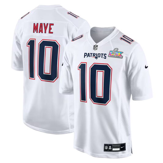 Men's New England Patriots Drake Maye #10 White Super Bowl LX Patch Tundra Fashion Game Jersey