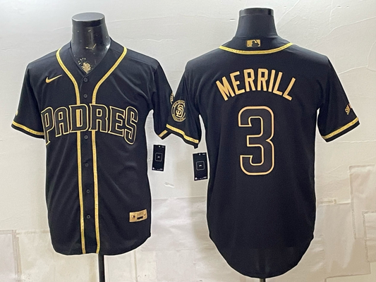 Men's San Diego Padres Jackson Merrill #3 Black Replica Jersey