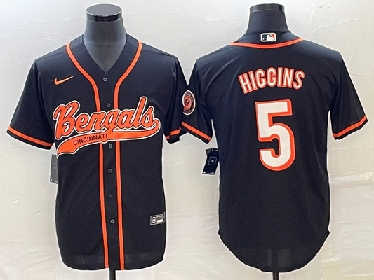 Men's Cincinnati Bengals Tee Higgins #5 Black Fashion Game Jersey1