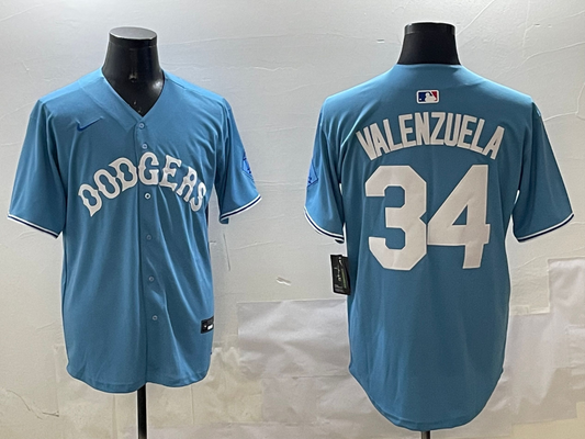 Men's Los Angeles Dodgers Fernando Valenzuela #34 Light Blue Limited Player Jersey1