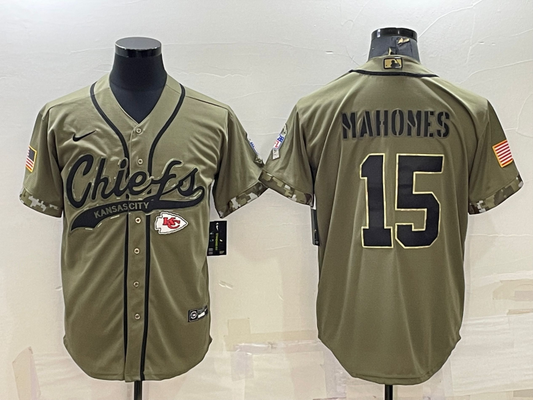 Men's Kansas City Chiefs Patrick Mahomes #15 Olive 2022 Salute To Service Limited Jersey1 Joint Edition