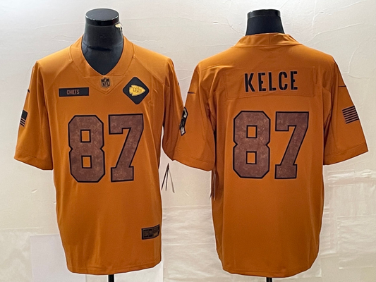 Men's Kansas City Chiefs Travis Kelce #87 Brown 2023 Salute To Service Retired Player Limited Jersey1