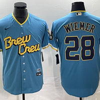 Men's Milwaukee Brewers Joey Wiemer #28 Powder Blue 2022 City Connect Replica Player Jersey1