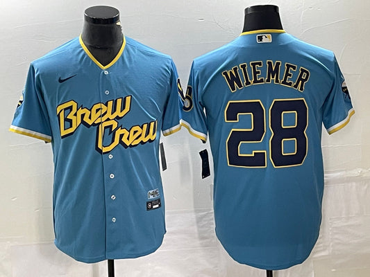 Men's Milwaukee Brewers Joey Wiemer #28 Powder Blue 2022 City Connect Replica Player Jersey1