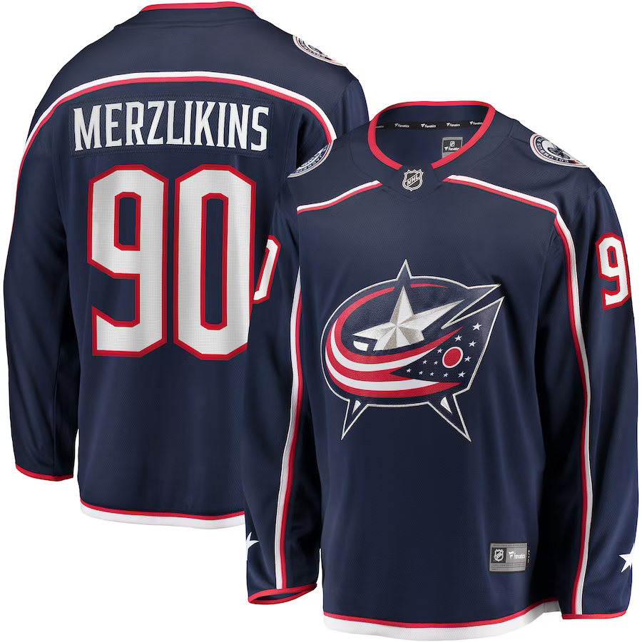 Men's Columbus Blue Jackets Elvis Merzlikins #90 Navy Home Breakaway Player Jersey1