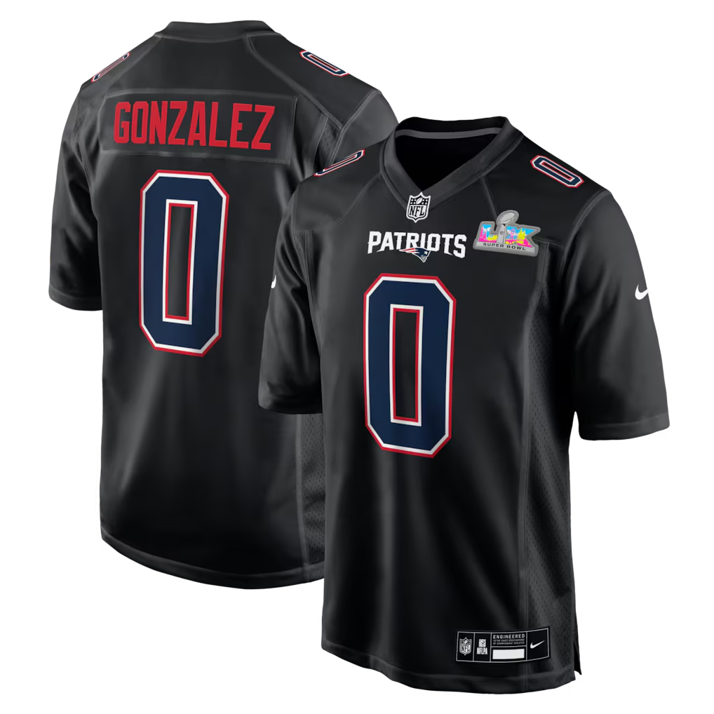 Men's New England Patriots Christian Gonzalez #0 Black Super Bowl LX Patch Carbon Fashion Game Jersey