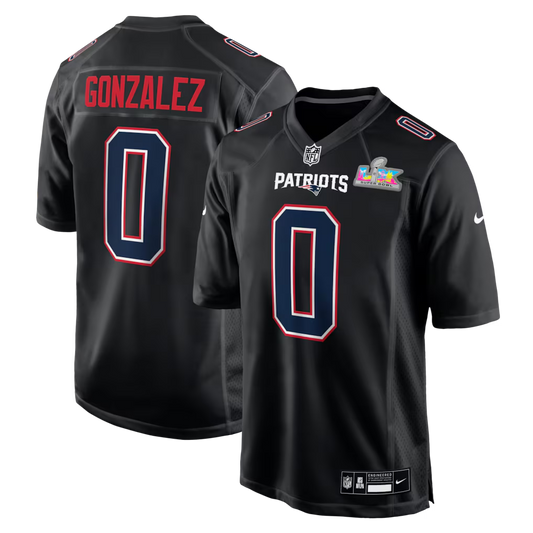 Men's New England Patriots Christian Gonzalez #0 Black Super Bowl LX Patch Carbon Fashion Game Jersey