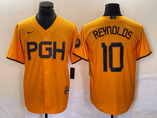 Men's Pittsburgh Pirates Bryan Reynolds #10 Gold 2023 City Connect Replica Player Jersey1