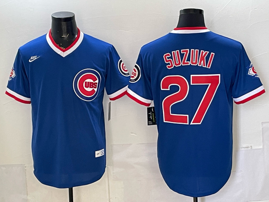 Men's Chicago Cubs Seiya Suzuki #27 Royal Throwback Cooperstown Collection Limited Jersey