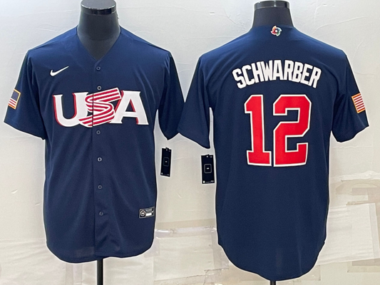 Men's 2023 World Baseball Classic #12 Kyle Schwarber USA Navy Jersey1